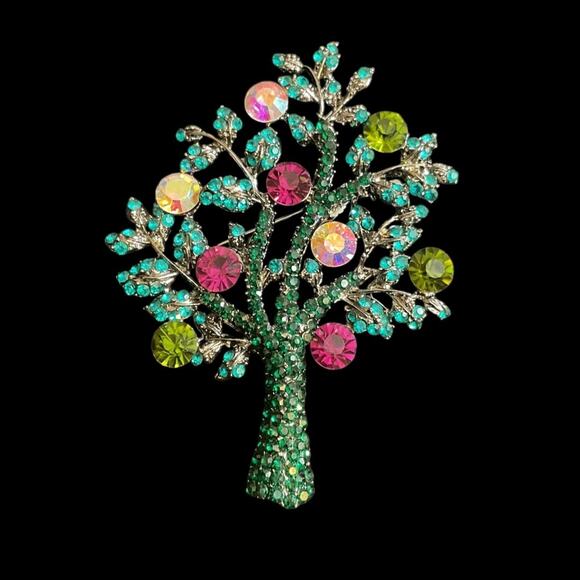 Tree of Life Pin/Brooch Green + Multicolored Crystals Statement Piece -New. - Picture 2 of 2